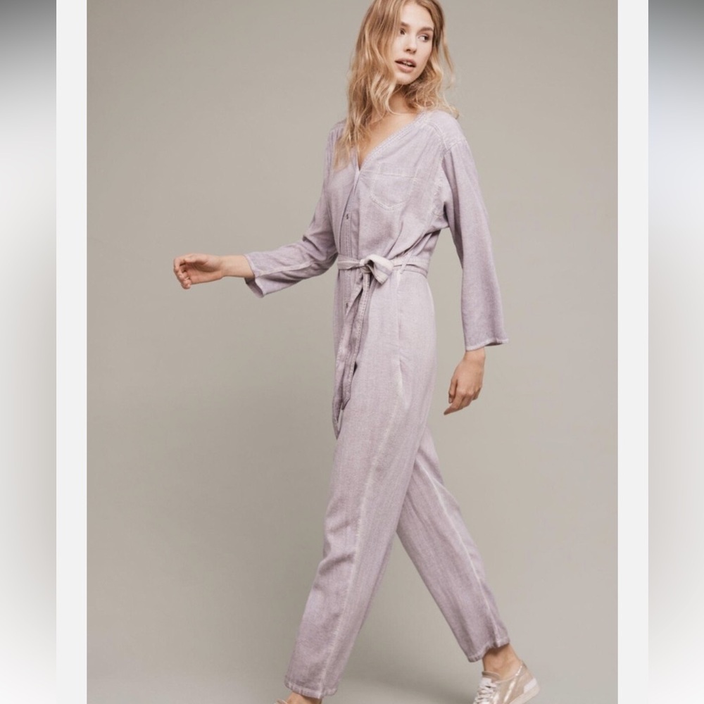 Anthropologie lavender comfy Button-Up Jumpsuit. L